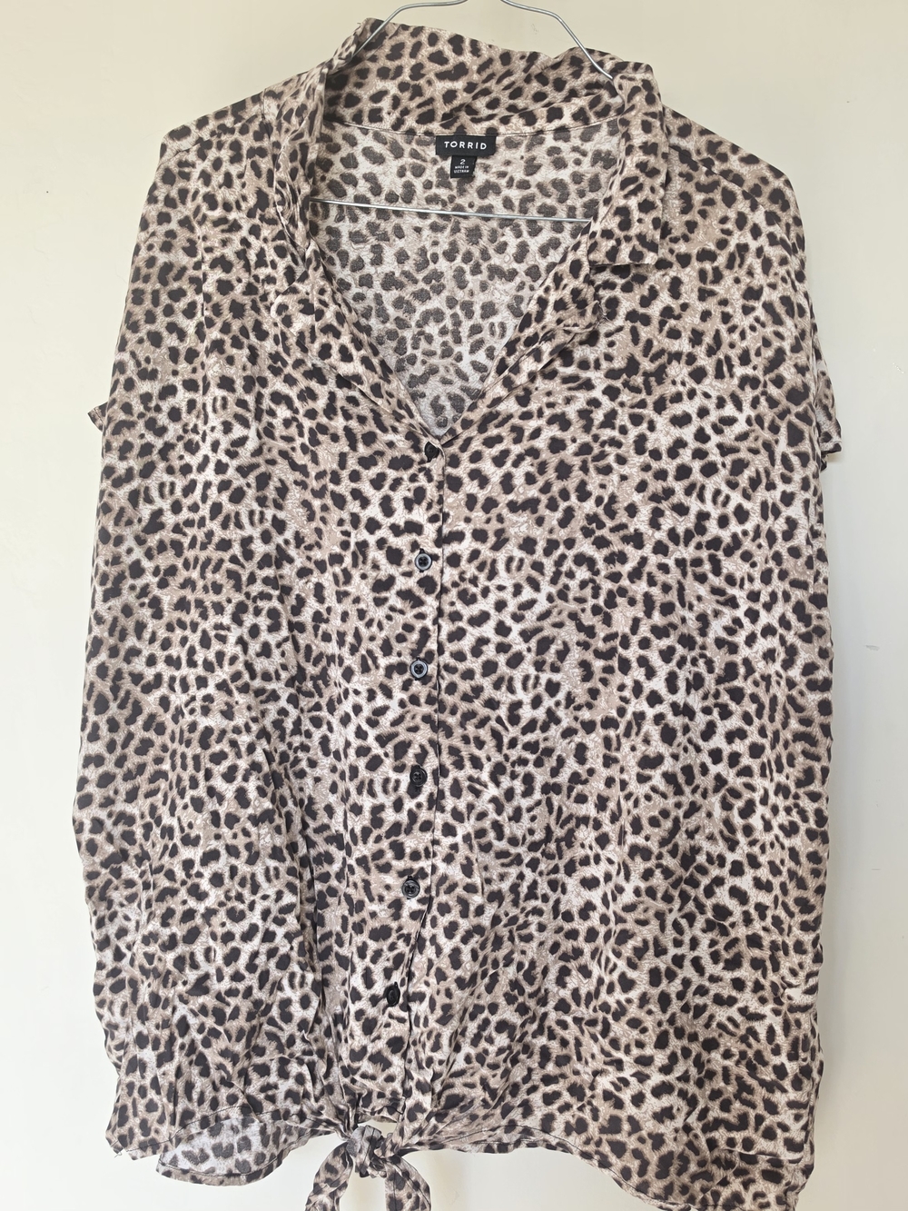 torrid Beige and Black Leopard Button-Front Tie Hem Shirt